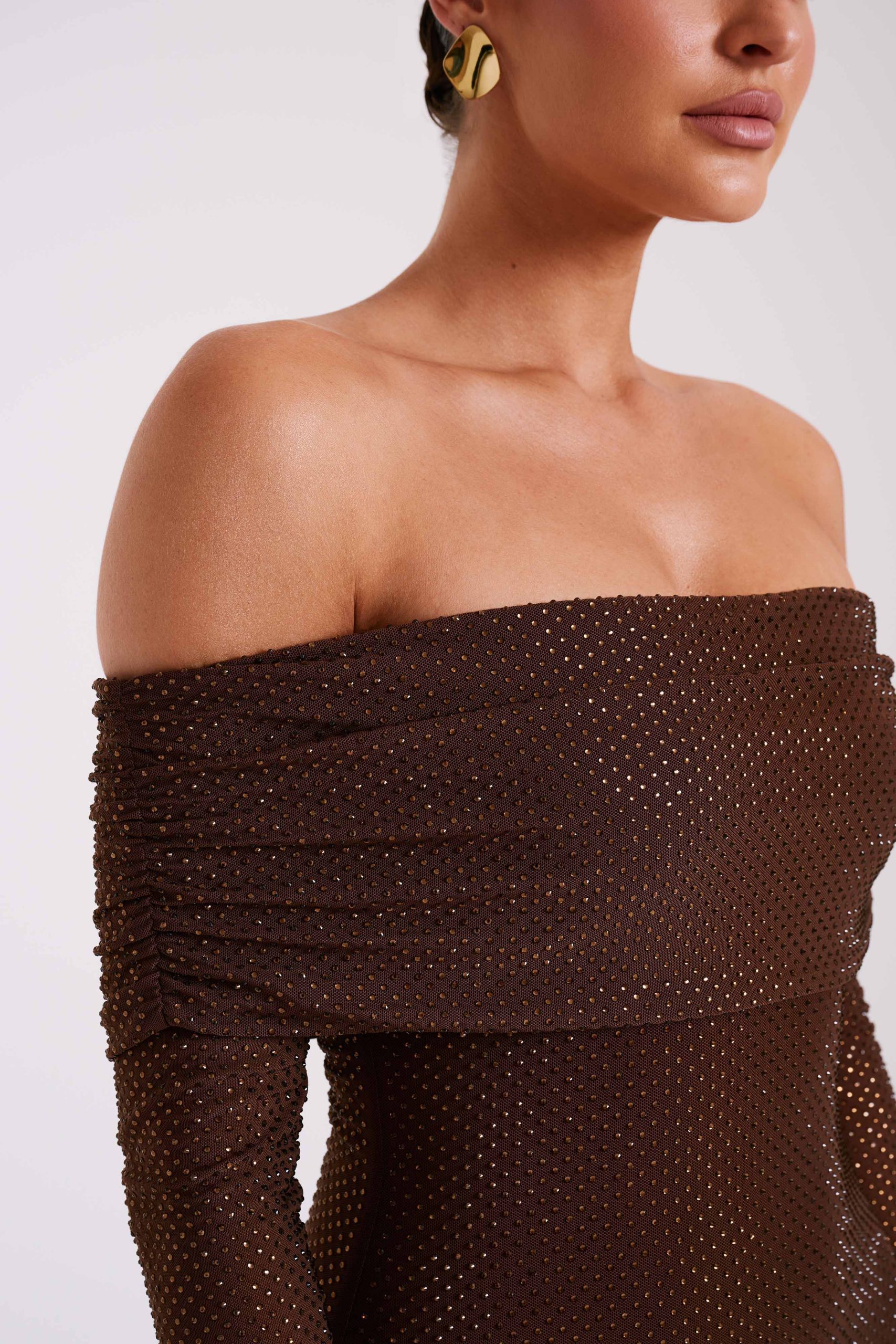 Marcel Off Shoulder Diamante Maxi Dress - Chocolate - Image 12
